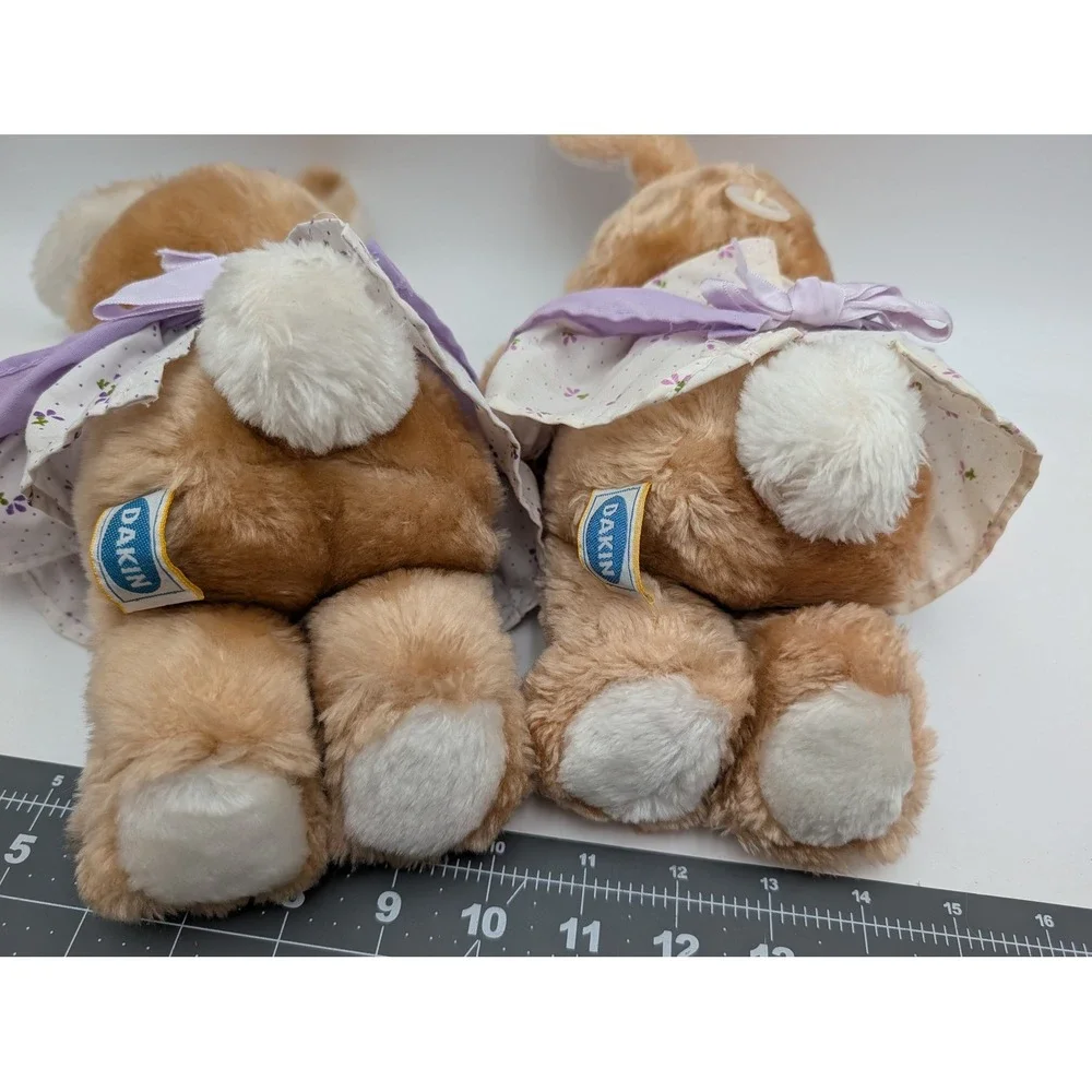 Dakin Plush Bunny Rabbit Tan Vintage 1983 Floral Dress Purple Lot of 2